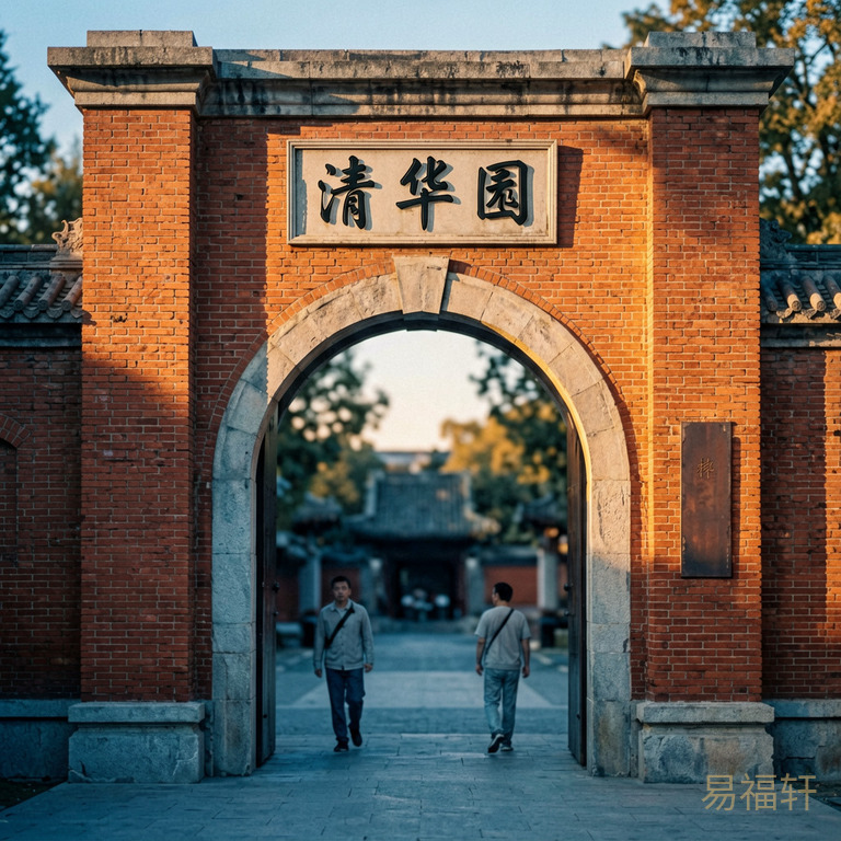清华大学二校门特写,拱形门洞上方牌匾