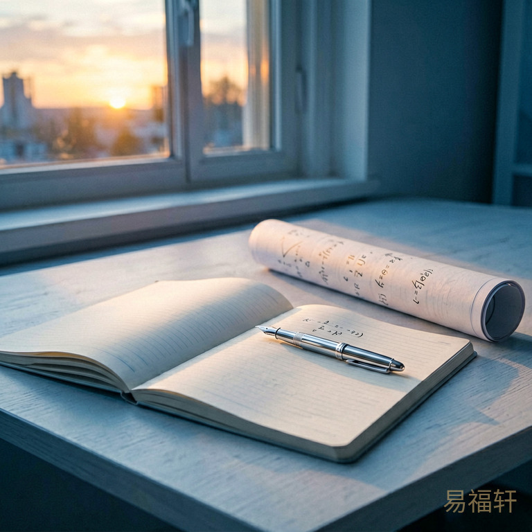 书桌上摊开的笔记本和数学卷子,窗边夕阳照进来,一支银色的钢笔在光影里反光