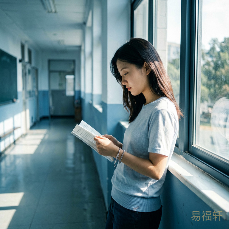 教室走廊上,一个女生靠在窗边背单词,窗外阳光洒在肩上,手里拿着一串银色的手链