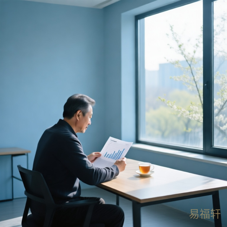 一位中年男性坐在书桌前专注地阅读经济数据报告,窗外是初春景色,阳光透过窗户柔和地洒在桌上,桌上放着一杯温热的养生茶