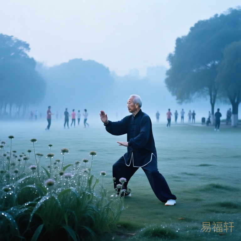 清晨的公园里,一位长者正在缓缓打太极,身边的花草挂着露珠,远处有晨练的人群,整个画面充满宁静而有节律的生机