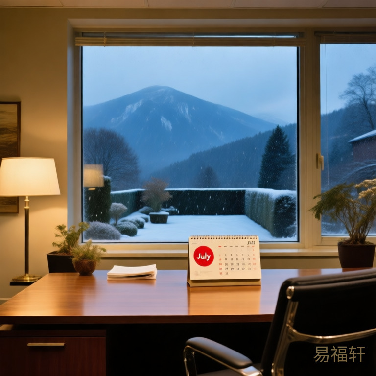 一间温暖的办公室,窗外是暴风雪,办公桌上的台历翻到了七月,标记着红色圆圈