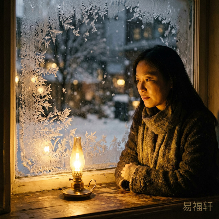 冬夜窗前,一灯如豆,窗外冰霜凝结在玻璃上