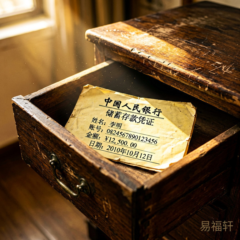 老旧抽屉半开,里面放着泛黄的存折,一束光线照进来