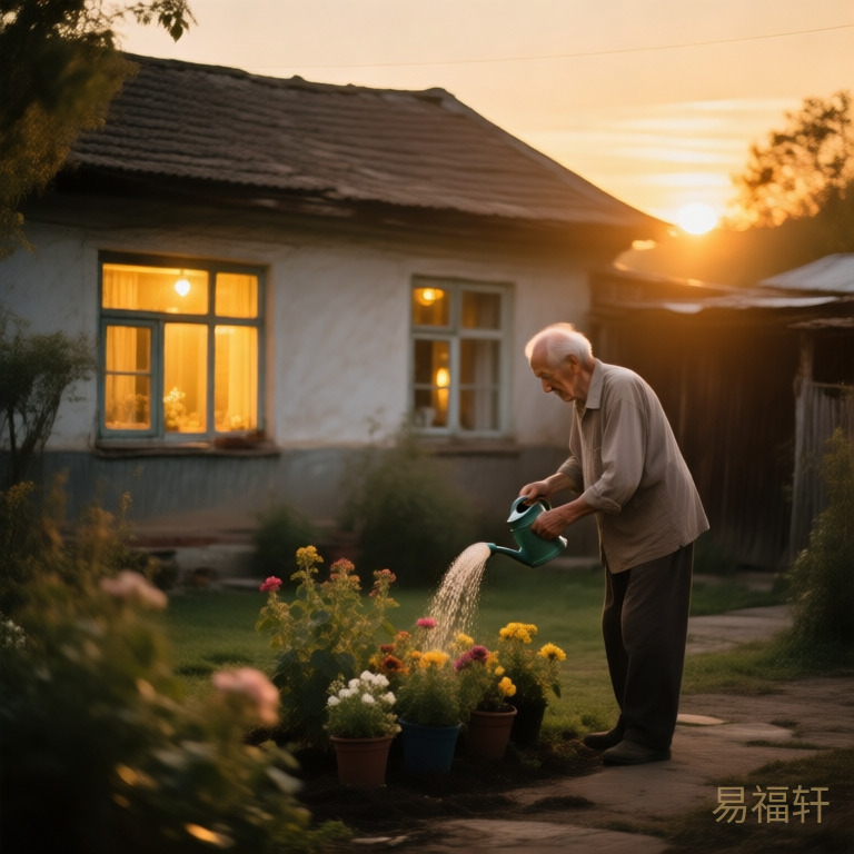 夕阳下的老房子,窗户透着暖黄的灯光,院子里的老人缓缓浇花