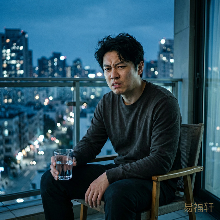 一个男人深夜独自坐在阳台的椅子上，手边放着一杯没喝的水，窗外城市灯光点点，他的表情不是愤怒，是疲惫中带着一种说不出的倔强