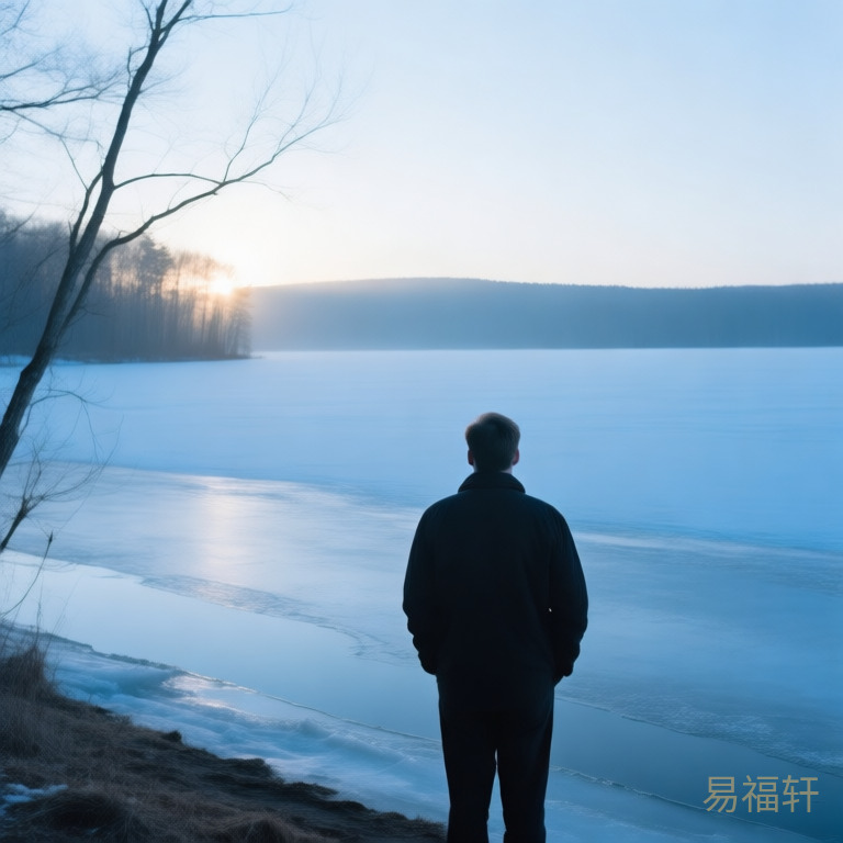 一个男人站在冬天的湖边，湖面刚开始结薄冰，远处有晨曦透过枯枝照过来，他的背影不再紧绷，肩膀松了下来