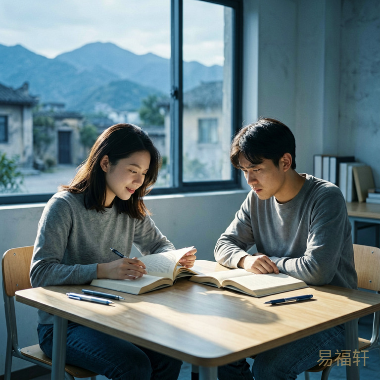 两个学生面对面坐在书桌前，一个轻松翻书一个皱眉苦思，桌上摊着课本和文具，阳光从窗户斜照进来形成对比光影