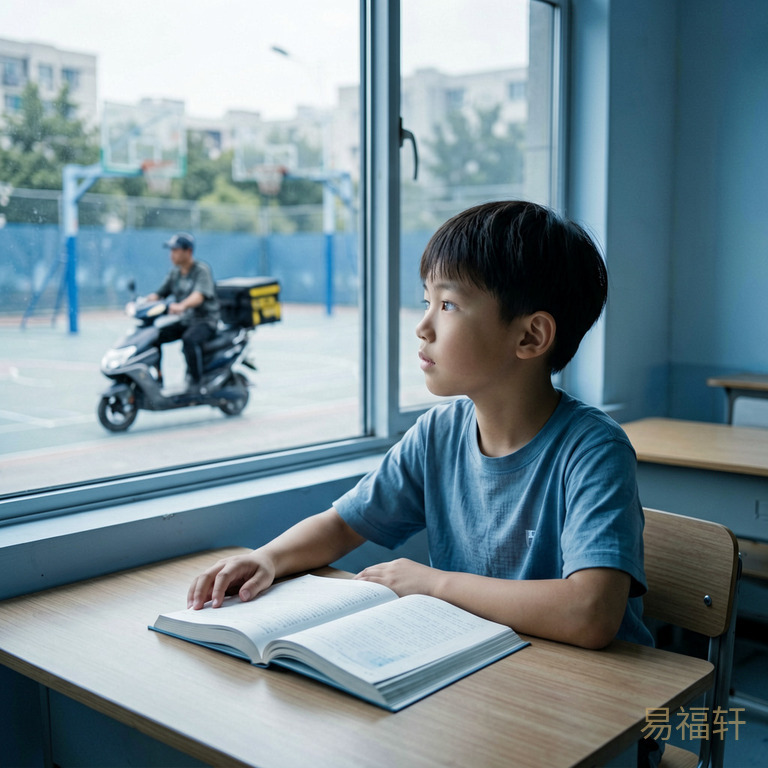 一个男孩坐在书桌前，面前摊着课本但眼睛却看向窗外，窗外有篮球场和骑电动车的外卖骑手，形成内外拉扯的画面