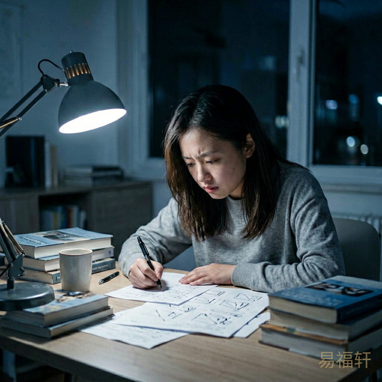 一个女孩深夜在台灯下埋头做题，桌上堆着厚厚的参考书和写完的草稿纸，窗外已经漆黑一片，台灯光圈里她的表情既疲惫又坚定
