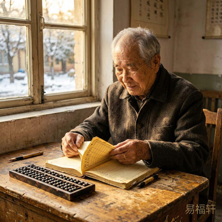 一位七旬老人坐在老式木桌前翻看泛黄的账本，窗外冬日暖阳照进来，桌上摆着旧算盘