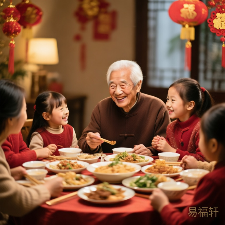 春节团圆饭桌上，白发老人被儿孙围绕，脸上带着温和满足的笑容