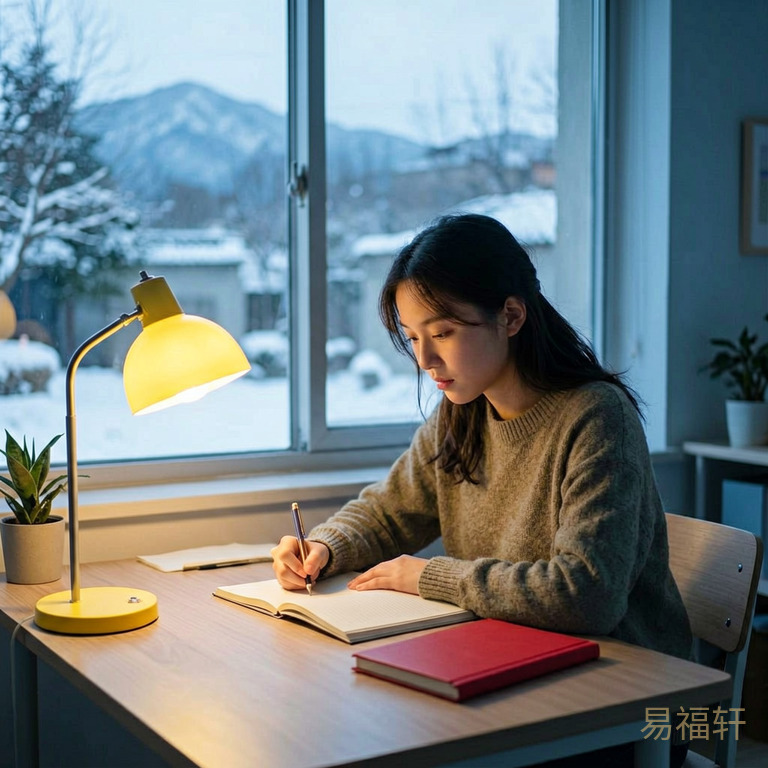 一个16岁女孩坐在书桌前复习，窗外是冬天的景色，桌上点着一盏暖黄台灯，旁边放着红色笔记本