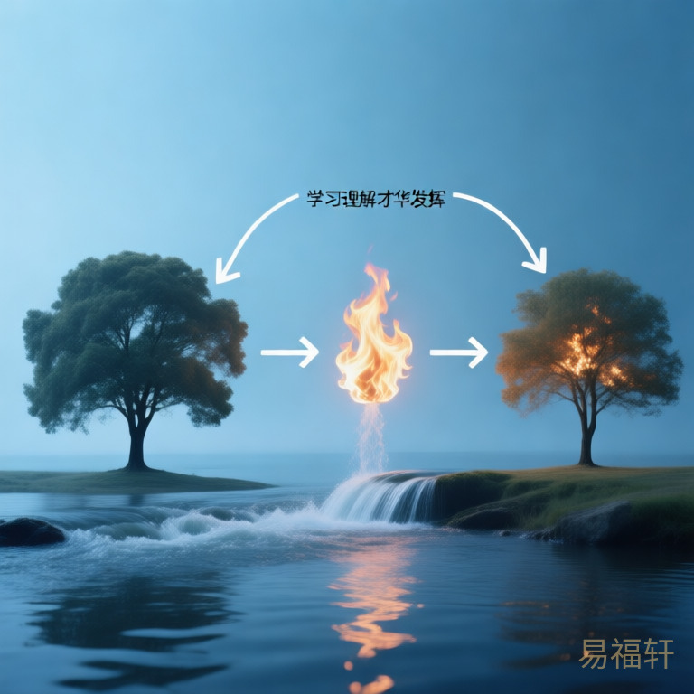 一个思维导图式的画面，从水流动到树木再到火焰，代表学习理解→才华转化→考试发挥的能量流转过程