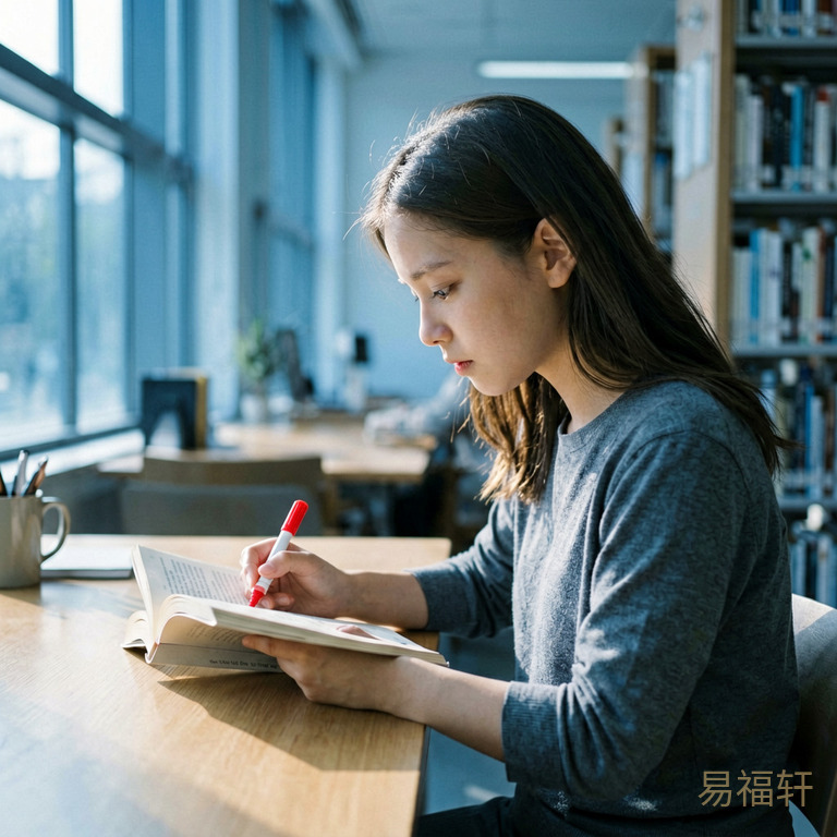 一个女孩在图书馆安静看书的侧影，阳光从窗外照进来，她表情专注，手里拿着一支红色记号笔