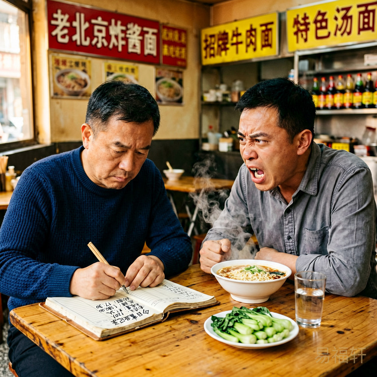 两位中年男人在街边面馆里对坐，一个在算账本，另一个神情激动地在说什么