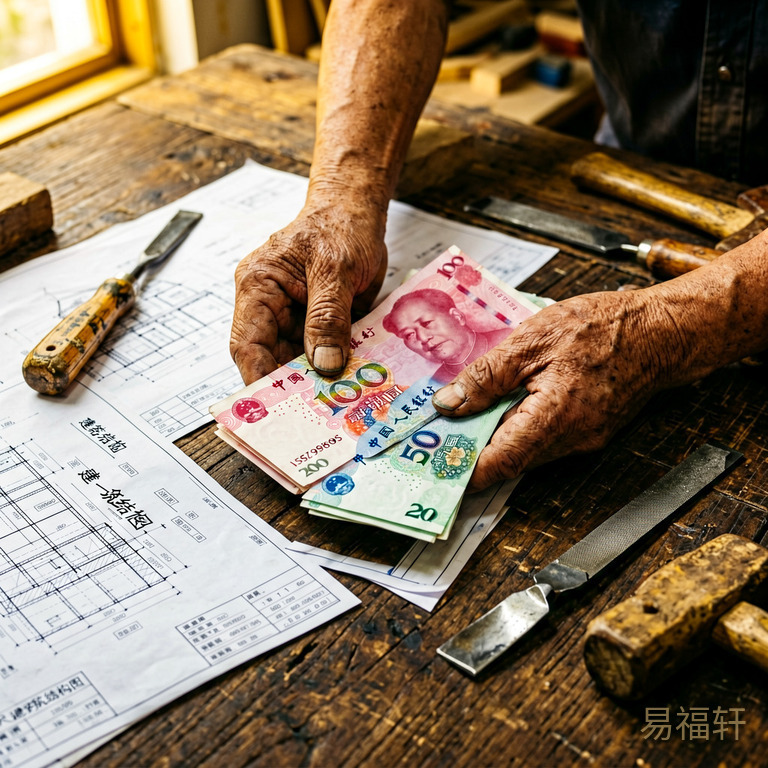 一双布满岁月痕迹的手，正在一张木桌上摊开几张不同面值的人民币，旁边放着一张图纸和几个木工工具