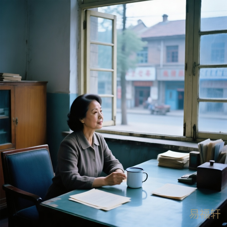 一位中年女性在老旧但整洁的办公室里，桌上放着搪瓷茶杯和文件，窗外是八十年代的街景