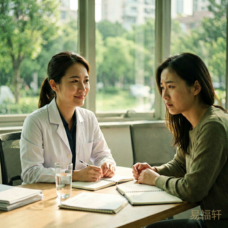 一位健康管理师坐在咨询桌前，表情温和而坚定，对面坐着一脸困惑的来访者，桌面放着水杯和笔记本，阳光从窗外斜照进来