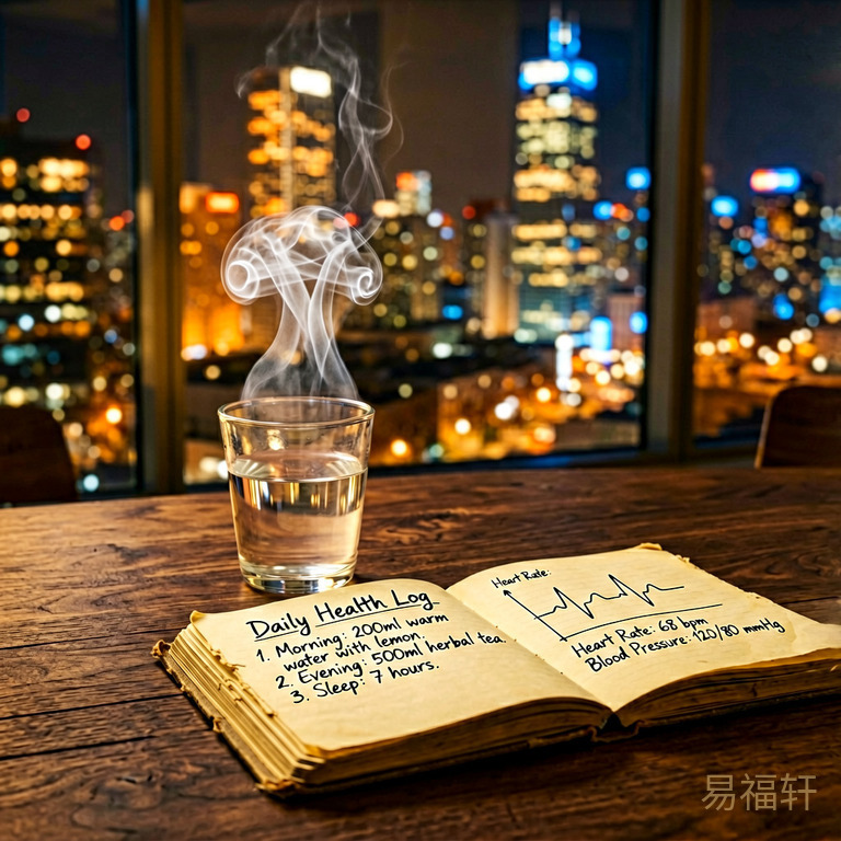 静夜窗边，一杯温水冒着淡淡的蒸汽，窗外隐约能看见城市灯火，桌上放着一本翻旧的健康笔记本