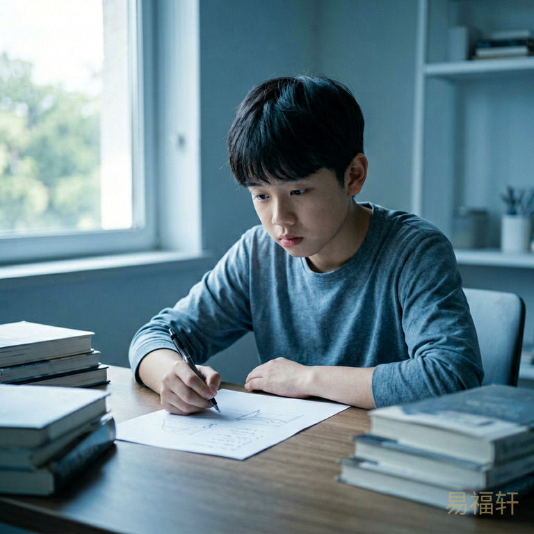 一个15岁男孩独自坐在堆满书本的书桌前，手里攥着笔，盯着空白的草稿纸，表情不是慌张而是深陷思考的停顿，窗外阳光很好但他浑然不觉