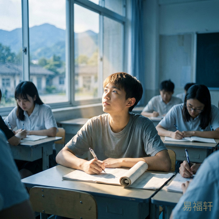 考场场景，一个少年坐在教室中间，周围同学都在低头奋笔疾书，他抬起头看向窗外，有一束阳光从窗户斜射进来落在他的卷子上，脸上带着一种想通什么的表情