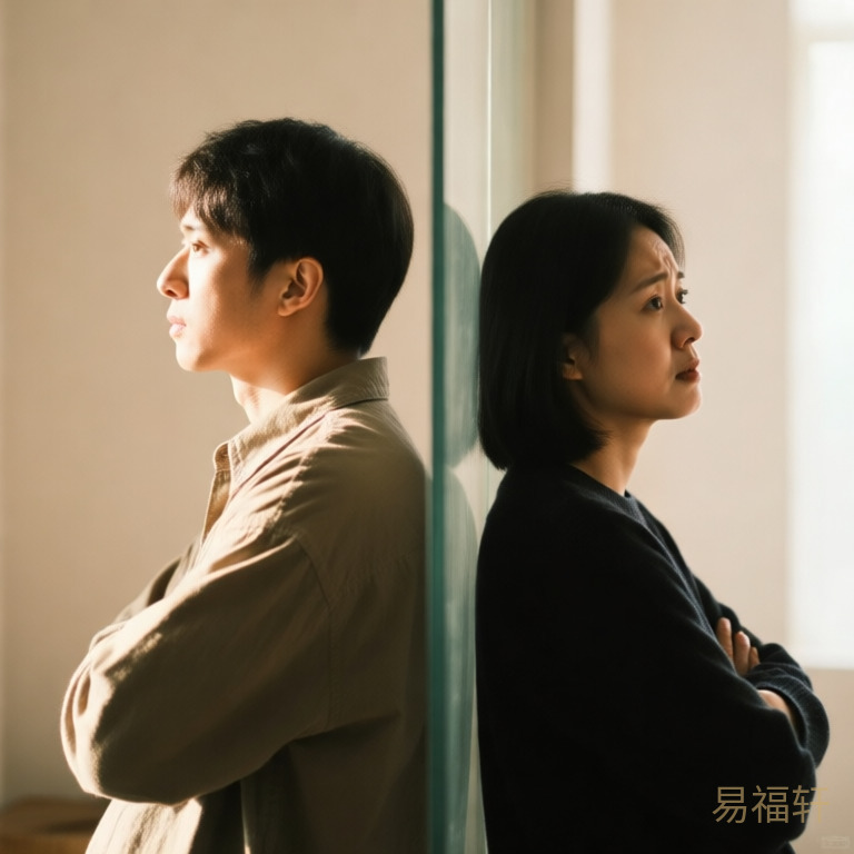 两个人背对背站着，中间隔着一道若有若无的玻璃墙，表情都在纠结