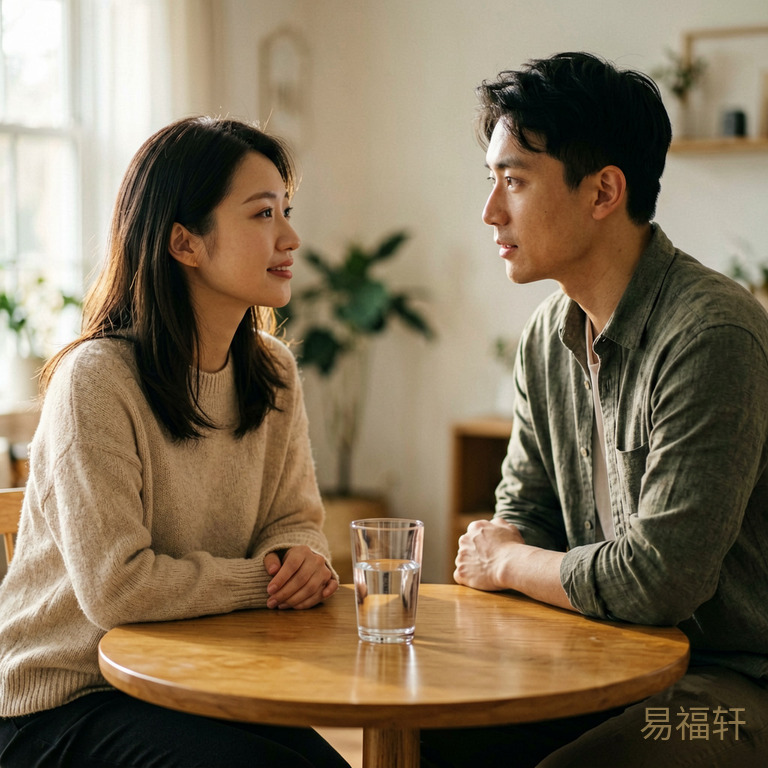一对男女面对面而立，表情平和但目光都带着试探，中间隔着一张圆桌，桌上放着一杯半满的水