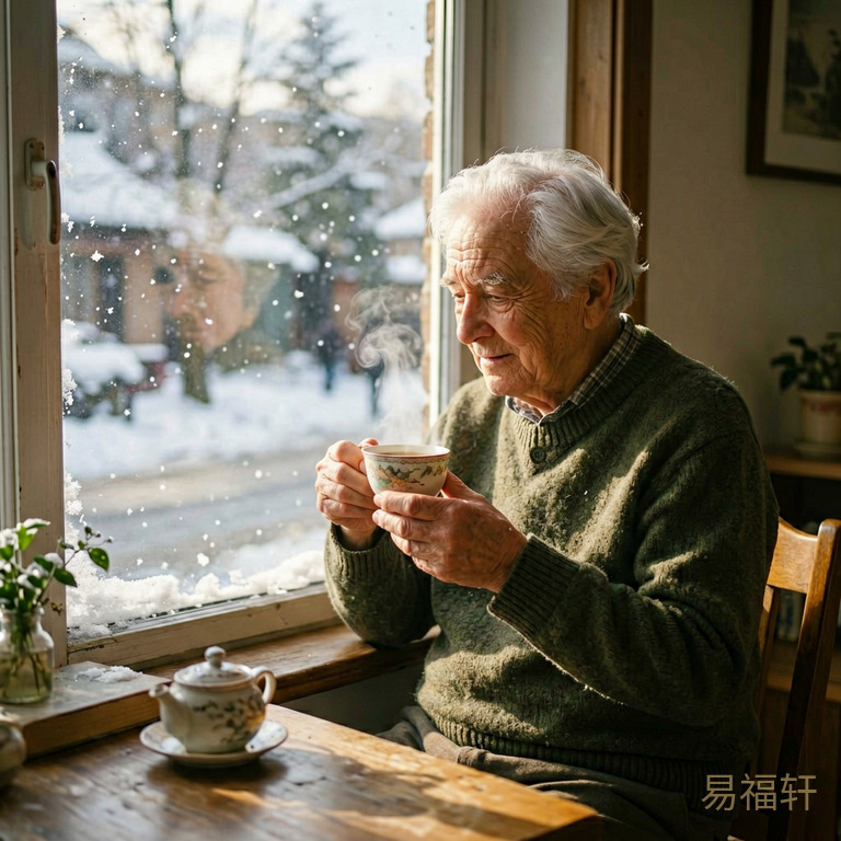 一位头发花白的老人在冬日阳光下的窗边独坐品茶，窗外飘着小雪，室内温暖安静