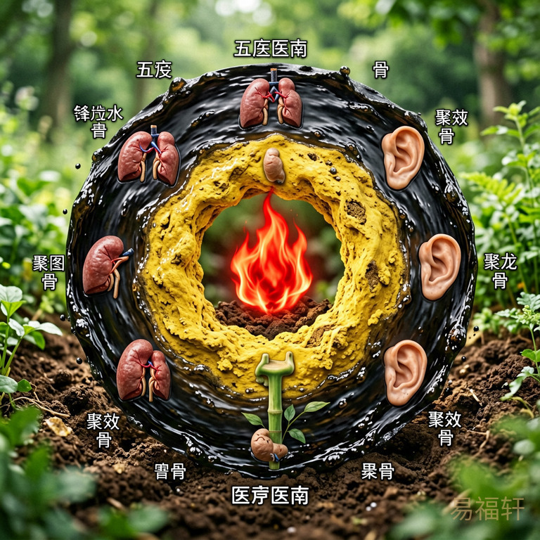 中医五行示意图，黑色水被黄色土围绕，中间有一团红色火苗，旁边标注肾、骨、耳