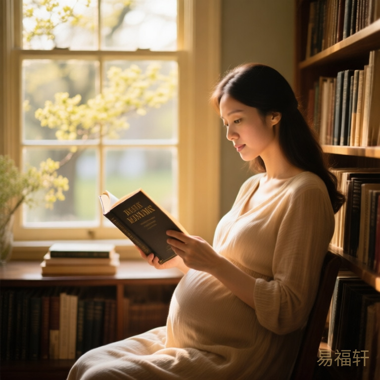 准妈妈在温暖的书房里翻阅起名书籍，窗外春日阳光洒落