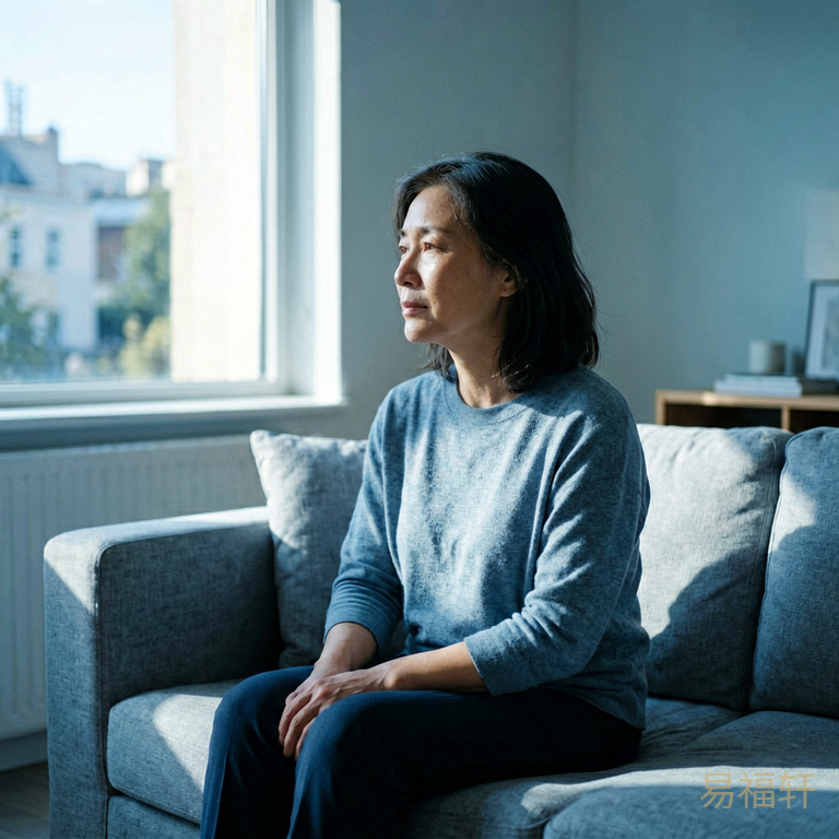 一位中年女性独自坐在家中沙发上，窗外阳光刺眼，她侧脸看向另一边，光线在她脸上切出明暗交界，身旁空无一人