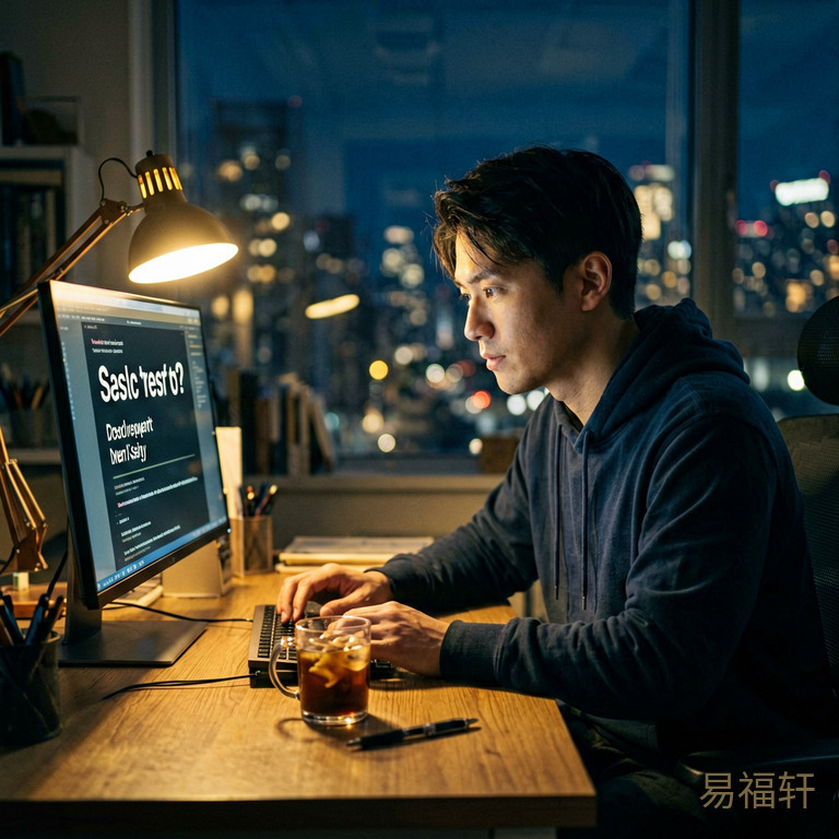 深夜办公室里只剩一盏台灯亮着，年轻人对着电脑屏幕搜索疑问，手边是一杯凉掉的咖啡