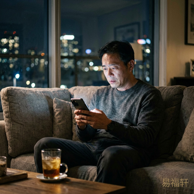 深夜客厅沙发上，一个中年男人独自对着手机屏幕发呆，手边是一杯凉掉的茶，窗外城市的灯光映在玻璃上