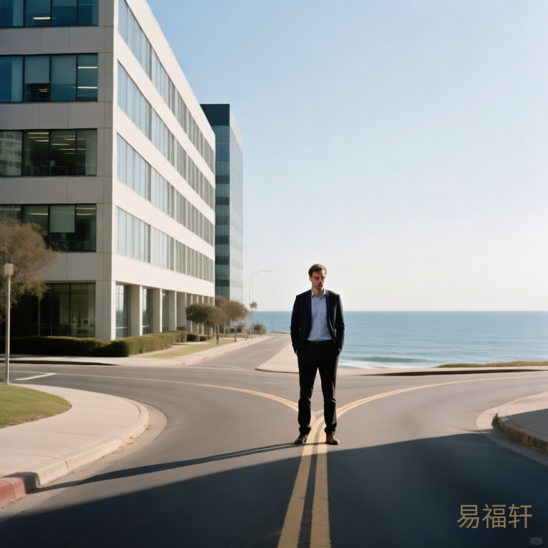 一个男人站在分岔路口，左边是规整的办公室大楼，右边是一望无际的海，他站在中间，表情矛盾