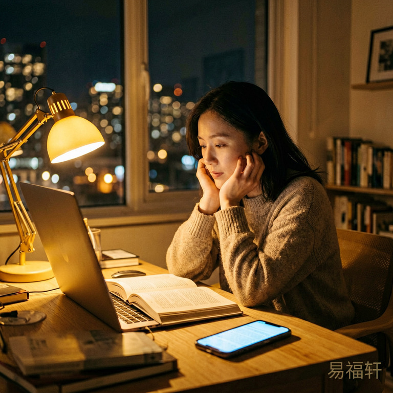 夜晚书桌前一位女士对着电脑和书本，手机屏幕亮着放在一旁，窗外城市灯光点点，桌上台灯暖黄，她托腮出神