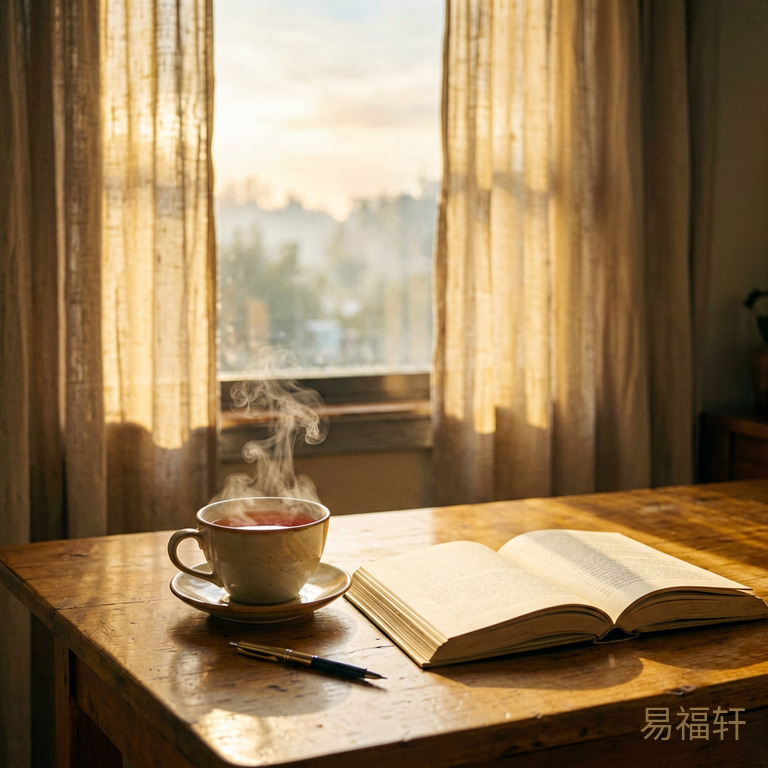 清晨阳光透过窗帘缝隙照在书桌上，一杯热茶冒着热气，一本翻开的书和一支笔，窗外天刚蒙蒙亮