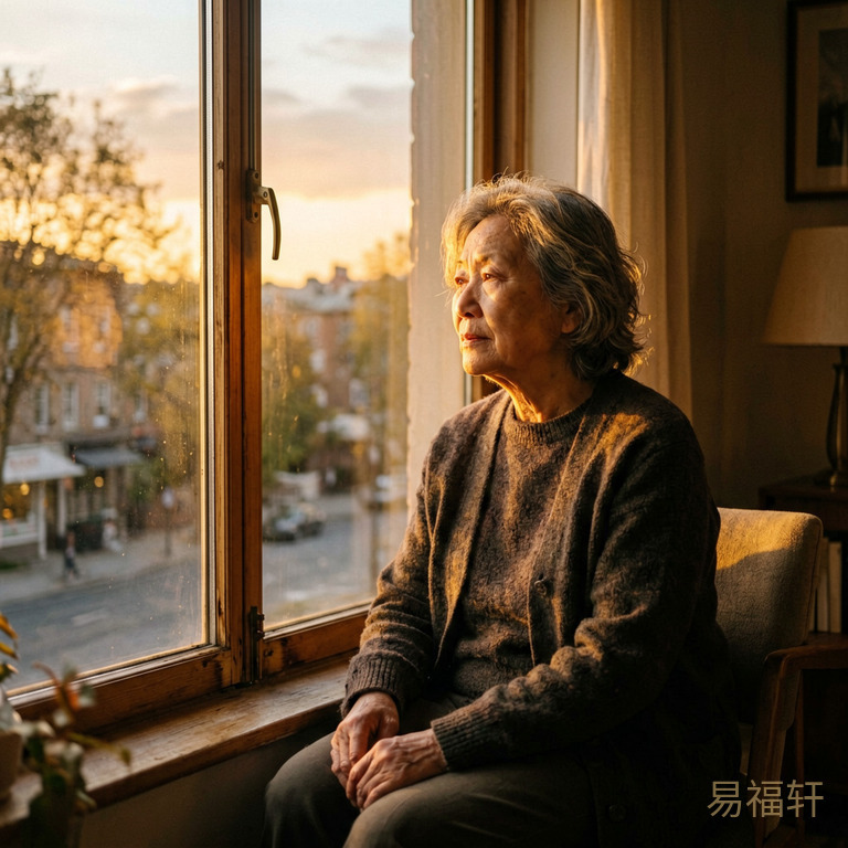 一位六十多岁女性独自坐在窗前，窗外夕阳斜照，表情沉静若有所思