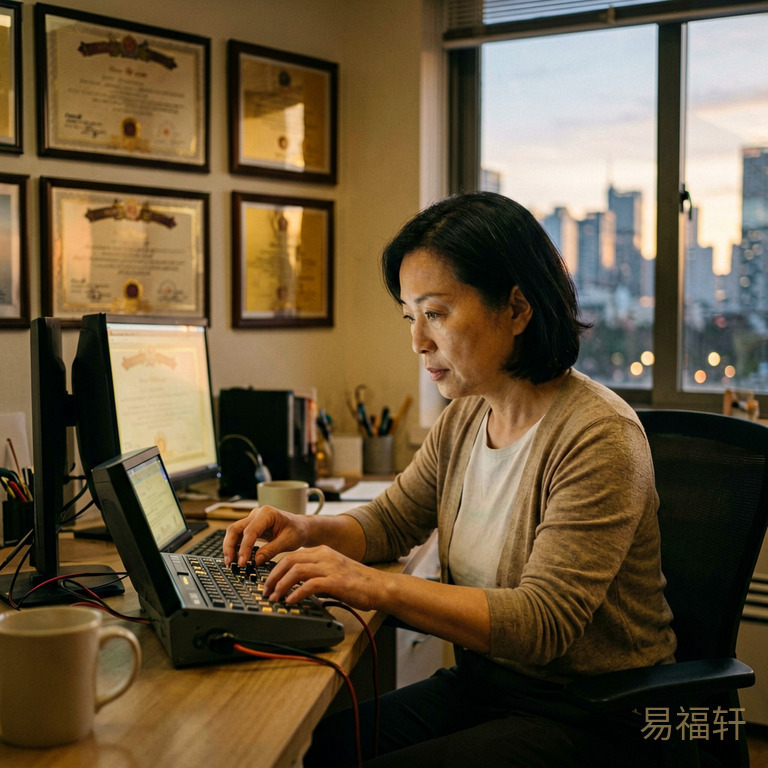 一个中年女子坐在工作台前调试设备，神情专注，墙上挂着几张证书和奖状，窗外是傍晚的城市天际线