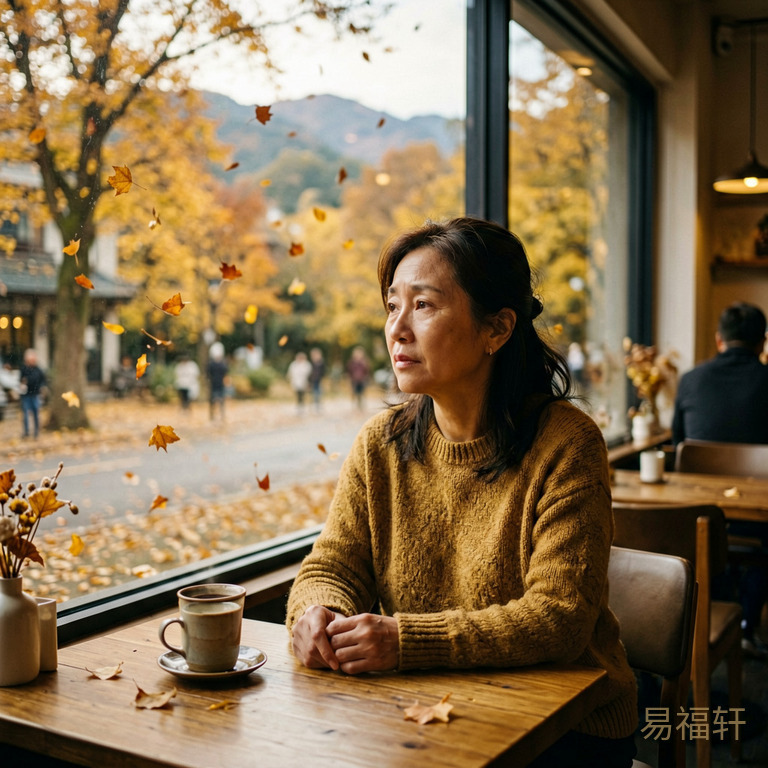 一位中年女性独自坐在空荡荡的咖啡馆窗前，窗外秋天的落叶飘落，她望着远方，眼神疲惫但带着深深的怀念