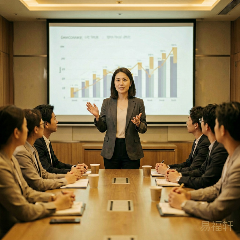 一位干练的女销售在会议室里做演示汇报，手势自信，身后投影屏幕上显示着销售数据图表，台下坐着一排同事