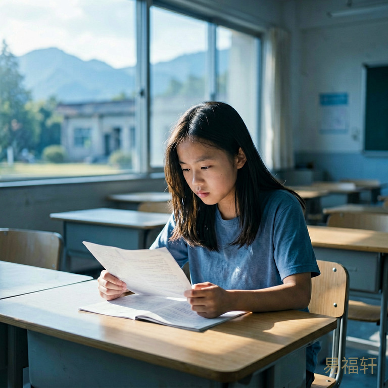 一个十五六岁的女孩独自坐在空荡荡的考场里，阳光从窗外斜照进来，她低头看着试卷，双手微微攥紧，呼吸急促