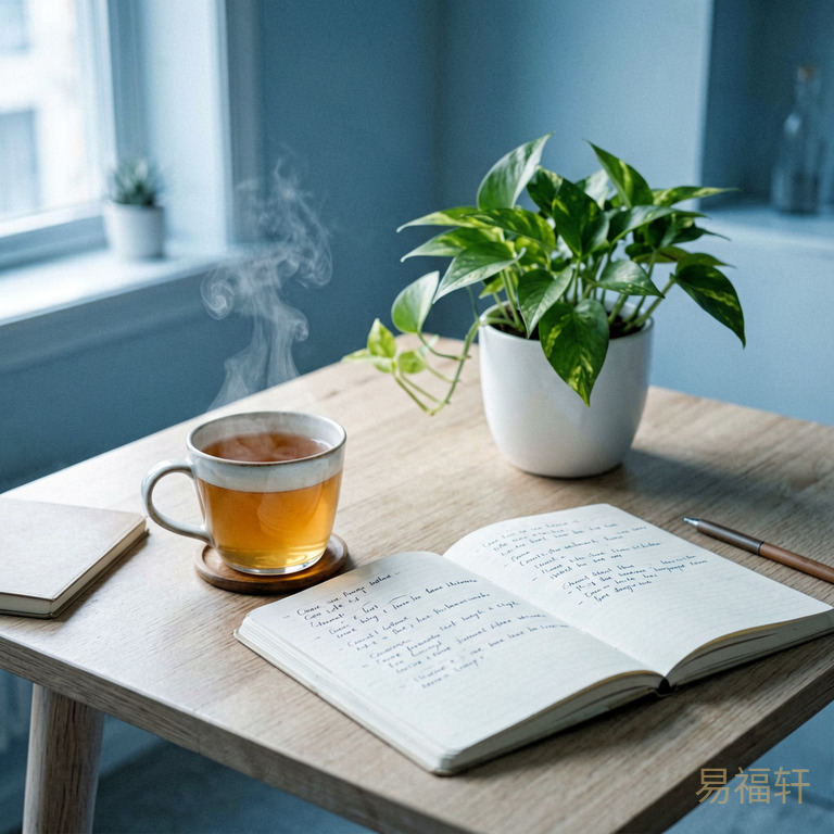 书桌的一角，一杯温水冒着热气，旁边是一小盆绿萝，一本翻开的笔记本上写满了工整的笔记