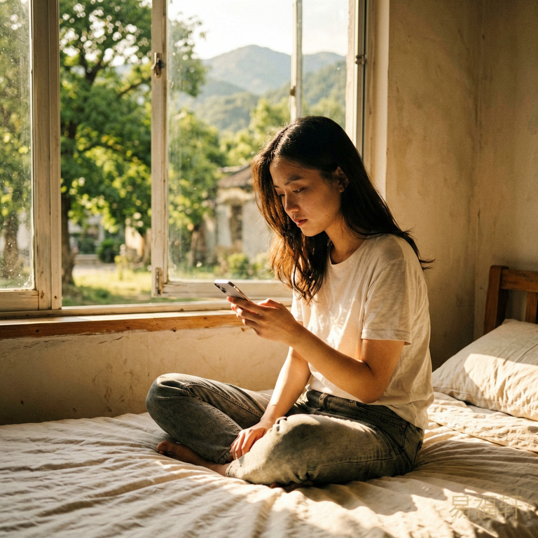 年轻女生坐在出租屋床上，下午阳光从窗户斜照进来，她正低头看手机，表情若有所思，窗外有夏天的绿树，氛围安静带一点迷茫