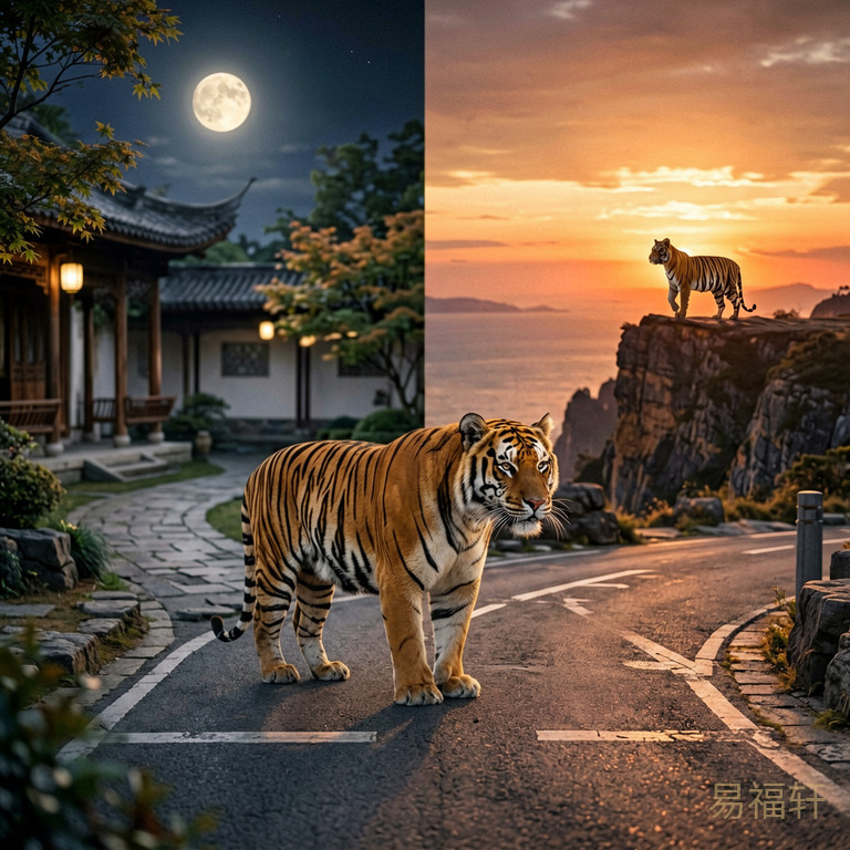 一只老虎站在分岔路口，左边是月光下的庭院宁静祥和，右边是夕阳下悬崖边独自伫立