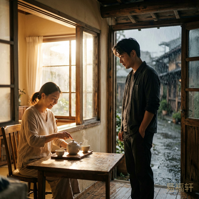 一个男人站在屋檐下，一边是明亮温暖的屋内妻子在备茶，另一边是昏暗的门外风雨交加