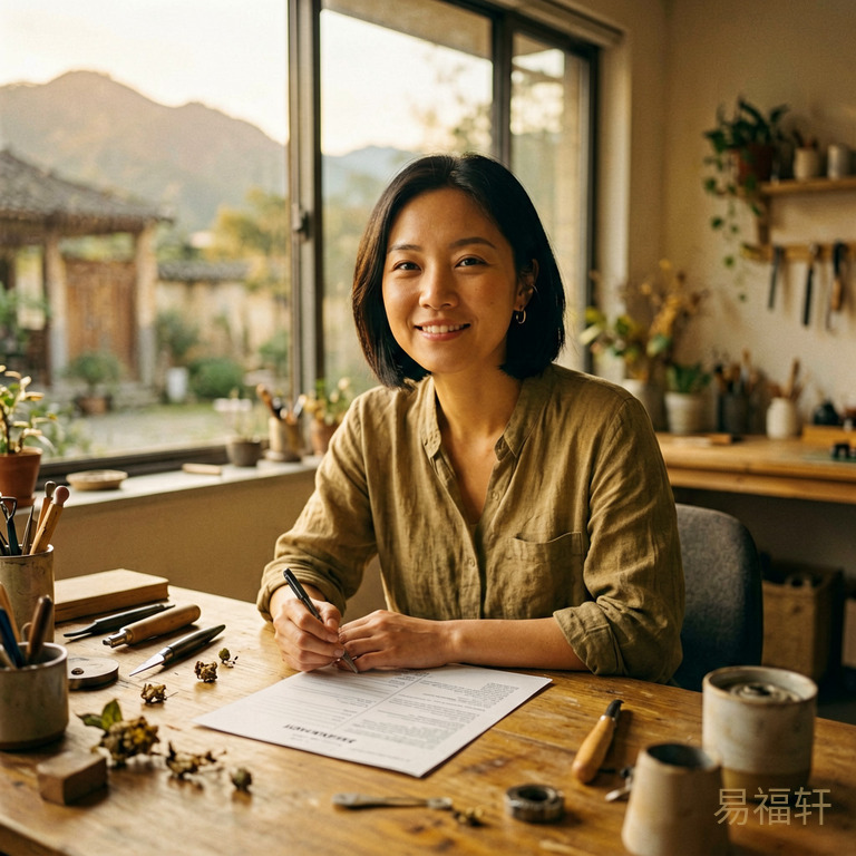 凌晨出生的属狗女人坐在自己的工作室里，面前摆着工具和订单，神情从容自信