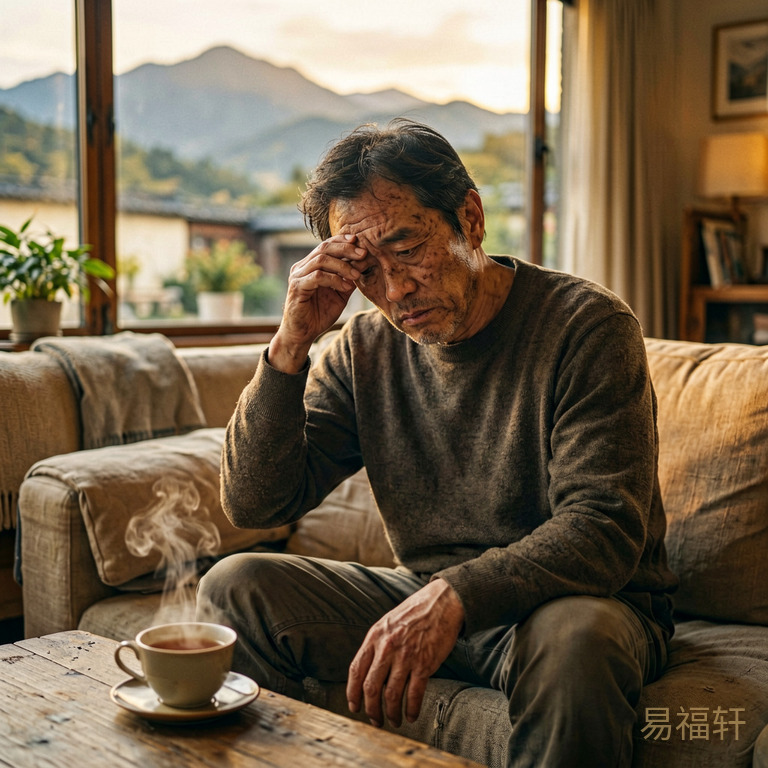 一个疲惫的中年男性坐在沙发上揉太阳穴，面色暗沉，旁边的茶杯冒着热气