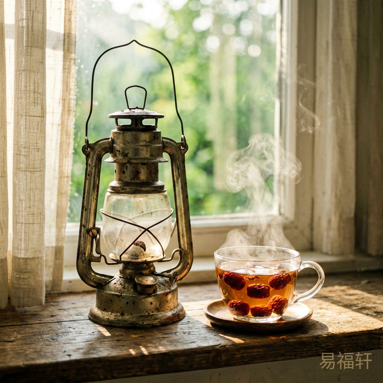 窗前一盏老油灯，旁边一杯红枣茶冒着热气，清晨阳光透过窗帘洒进来