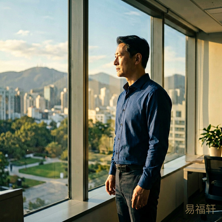 高楼办公室窗前一个穿衬衫的男人站姿挺拔望着窗外天际线,午间阳光从侧面打进来气质沉稳